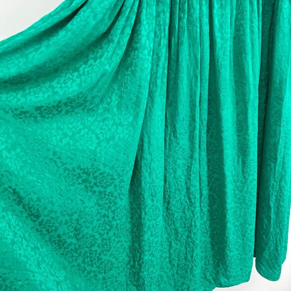 Vtg Garfinckels Green Silk Dress 80s Womens 6 Jacquard Print Puff Sleeve Pleated - Picture 5 of 12